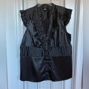 Satin black v-neck button down blouse